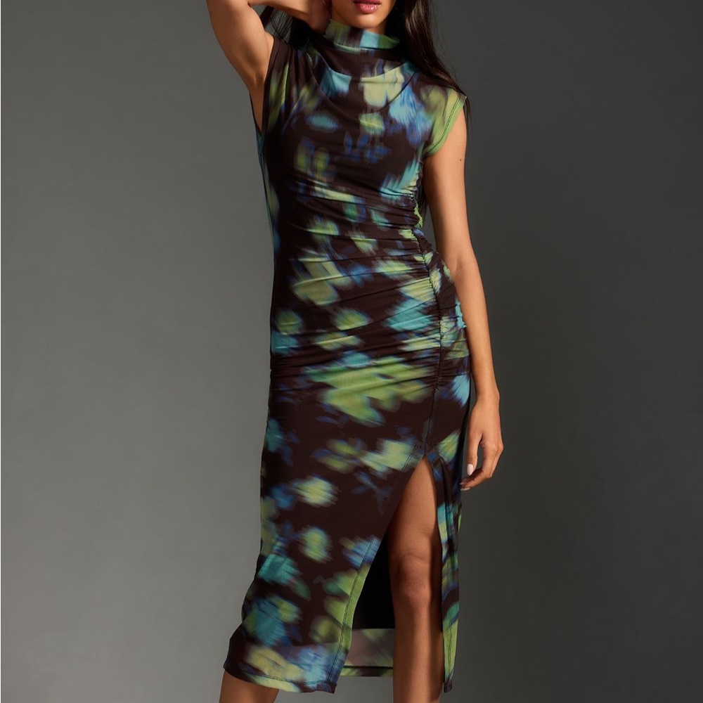 The Maya Ruched Cowl Neck Dress: Mesh Edition